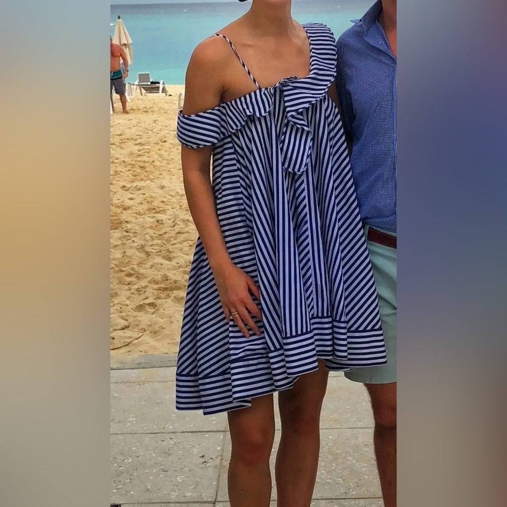 MSGM open Shoulder Navy and White Striped Dress